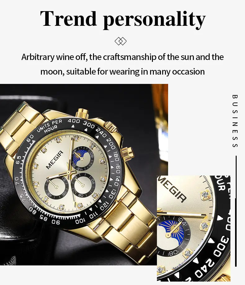 Megir men luxury sports quartz watch featuring a gold-tone stainless steel chronograph with a silver dial, black bezel marked in units per hour and minute increments, diamond accents on hour markers and subdials, and an intricate moon phase display.
