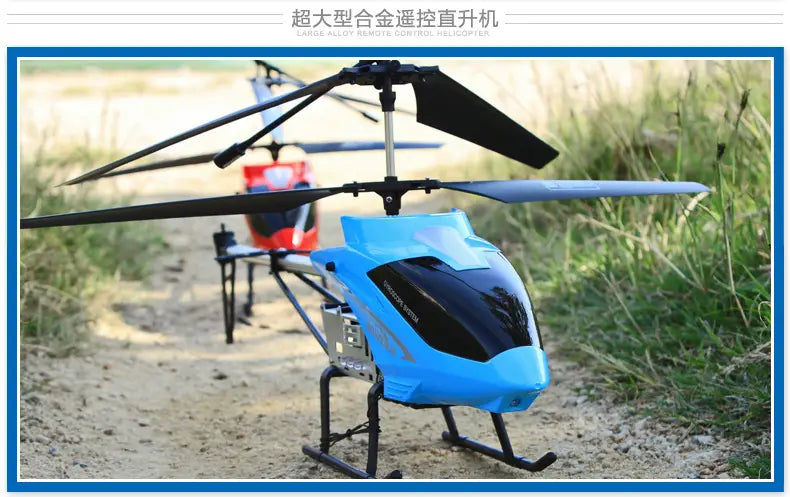 Blue and black remote control helicopter with sleek aerodynamic design and lithium battery for extended flight time.