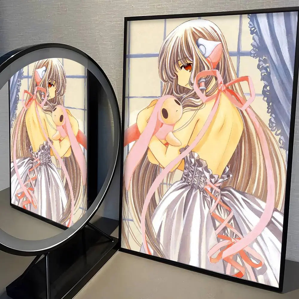 Black-framed anime art print featuring a kawaii girl cute with long hair wearing a white and yellow dress with pink ribbons holding a plush toy in a modern graphic style.