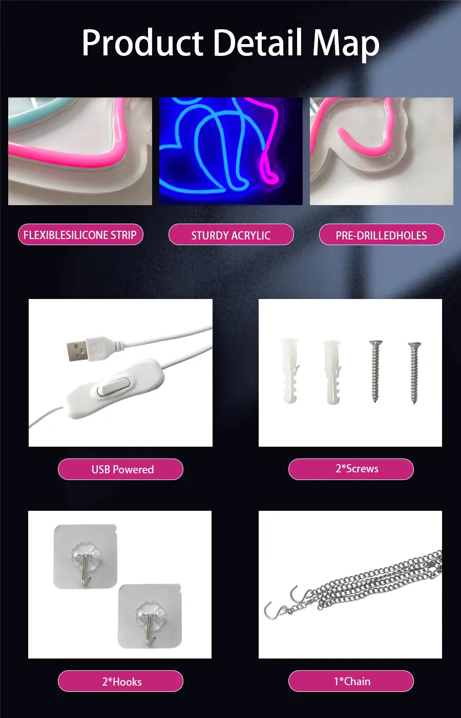 décoration murale à LED pour enseigne au néon « drinks » en cursive, avec une bande flexible en silicone et un support en acrylique robuste, disponible dans des tons rose ou bleu