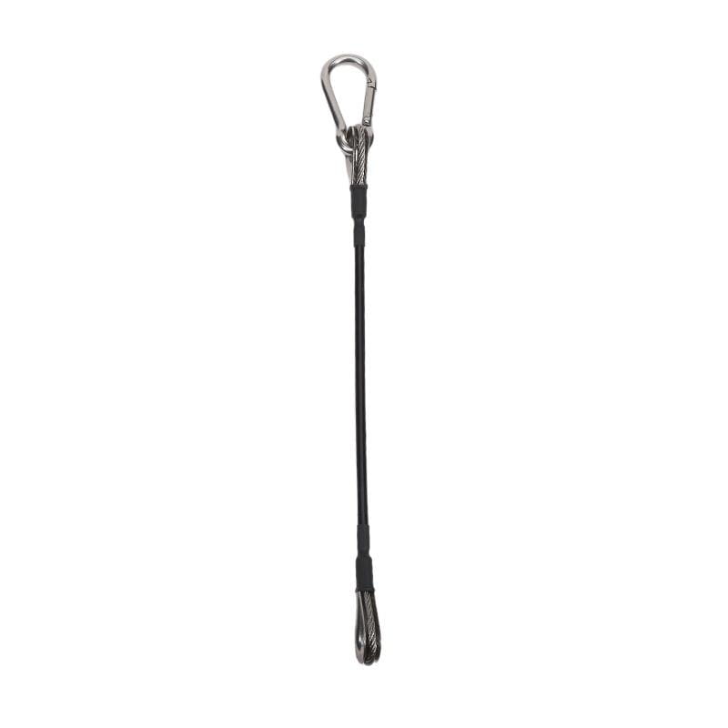 Black braided steel gym cable extension with silver carabiner clip and reinforced end for Bowflex home gym machines
