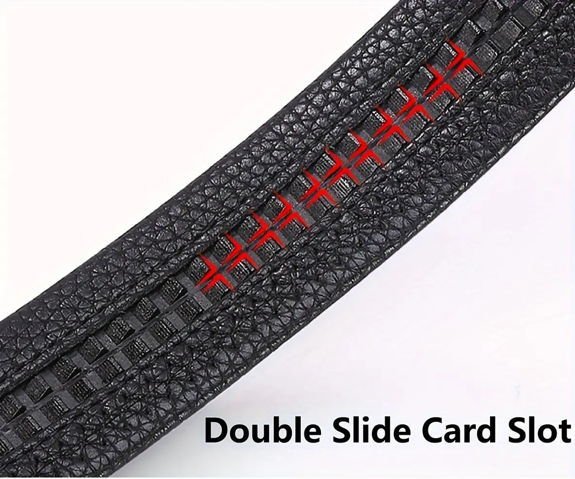 Black textured leather mens automatic buckle belt with red stitching forming a double slide card slot.