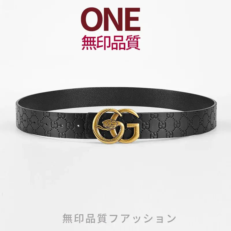 Men snake buckle leather belt in black leather featuring an embossed gg monogram pattern and a gold-tone double g interlocking buckle.