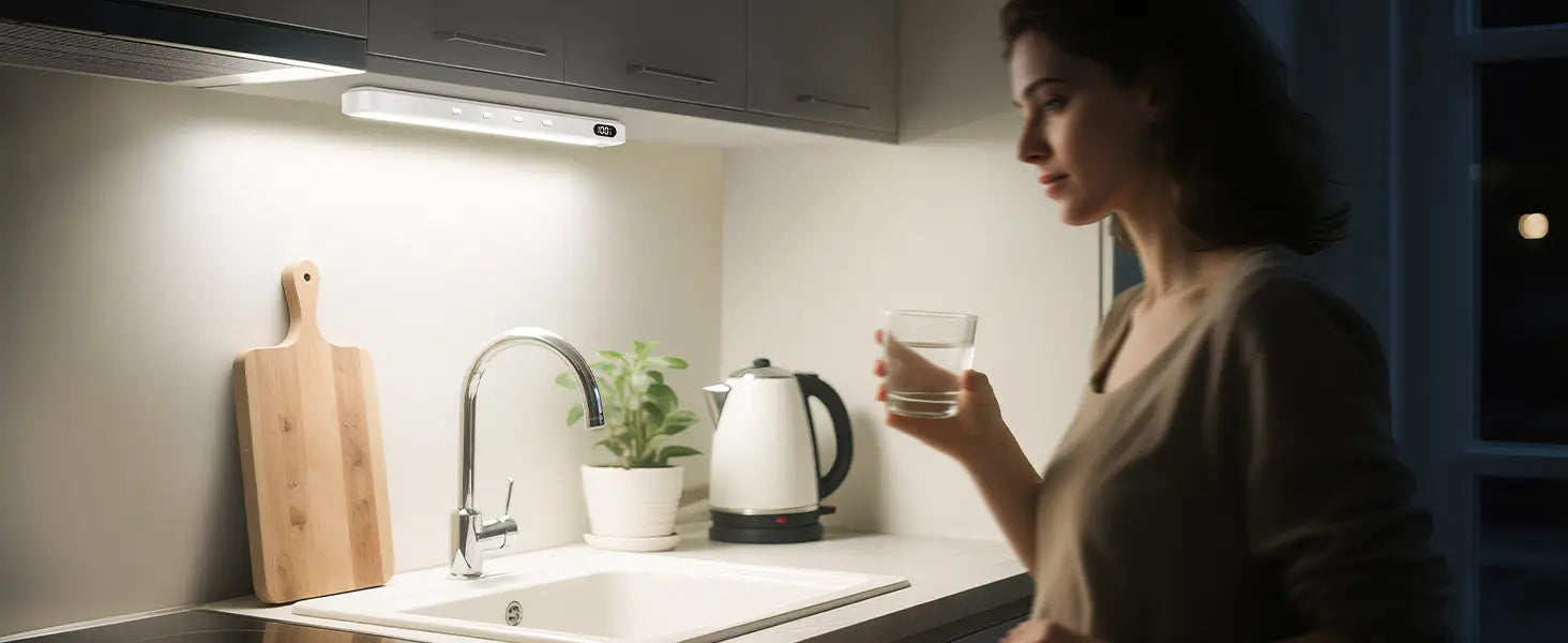 white electric kettle with black base and handle shown from the side alongside a rechargeable motion sensor led light bar with led bulbs