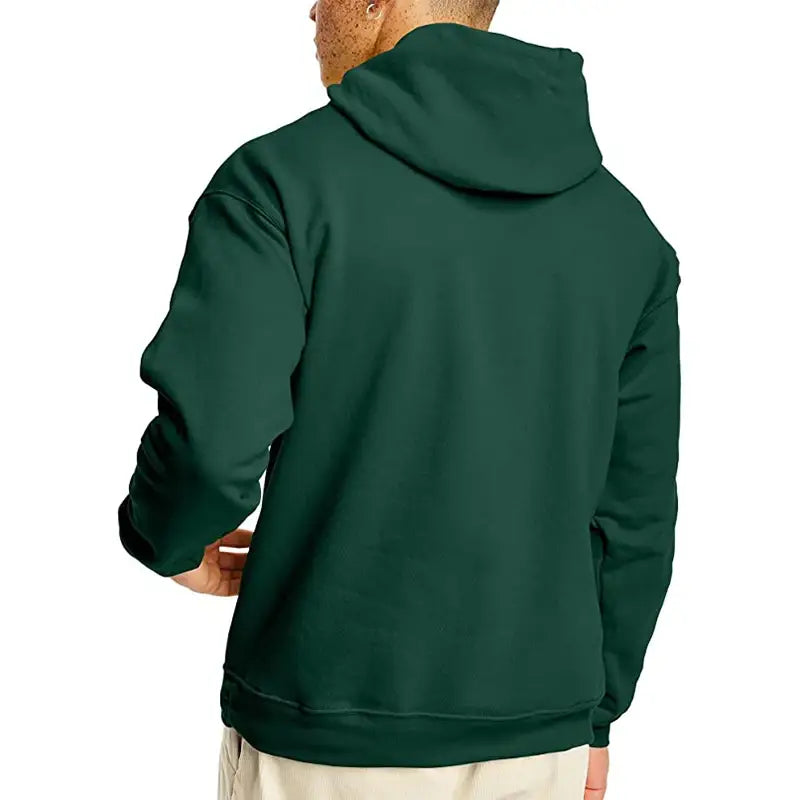 Dunkelgrüner Herren-übergroßer Fleece-Pullover mit Kapuze aus weichem, glattem Stoff und klassischem Design.