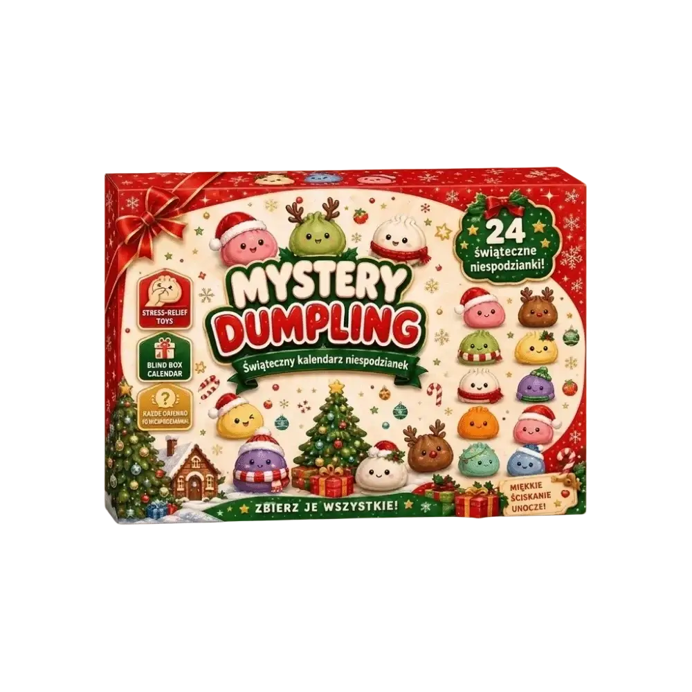 A red and white holiday-themed box displaying a mystery dumpling advent calendar with colorful festive dumplings for the christmas dumpling advent sensory toy.