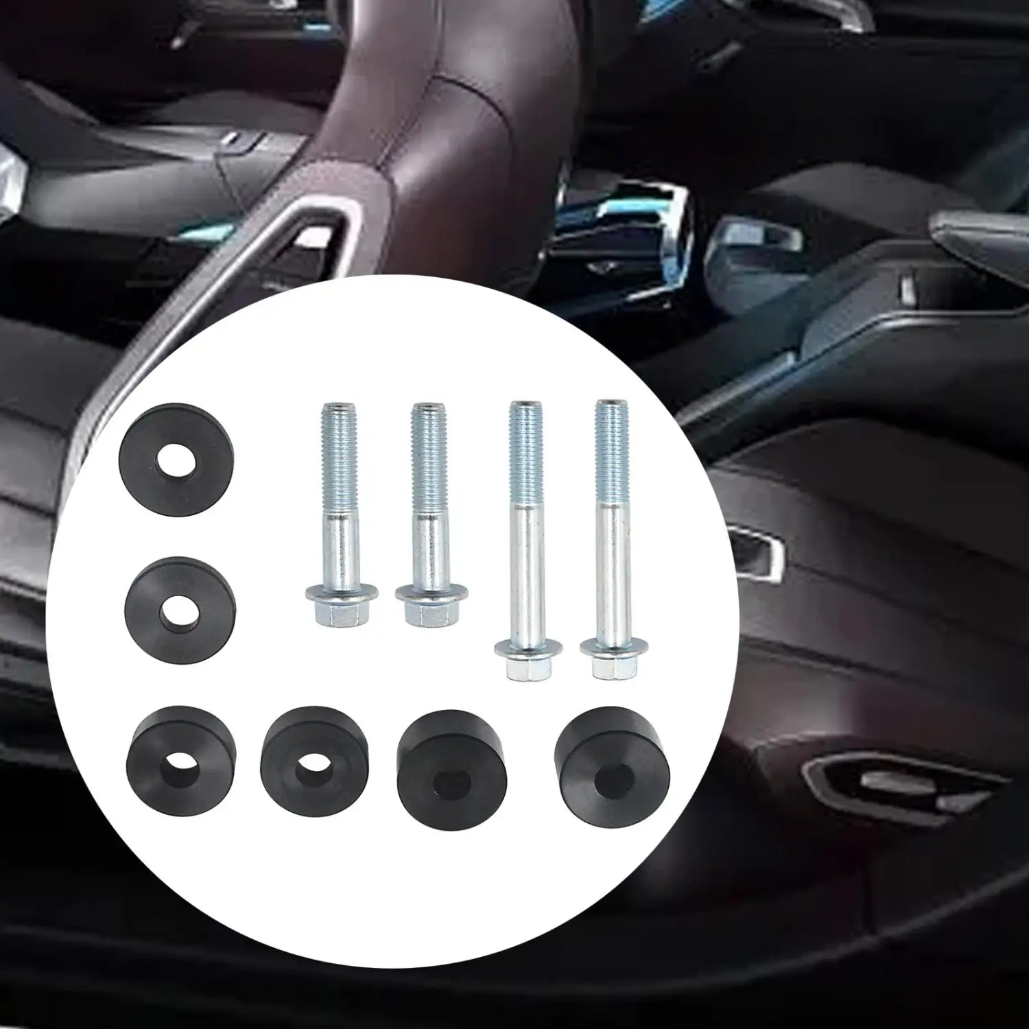 Juego de cuatro pernos roscados plateados con cabezas hexagonales y seis arandelas de goma negra incluidas en un kit elevador con separador de asiento del automóvil para elevadores de reclinación del asiento delantero.