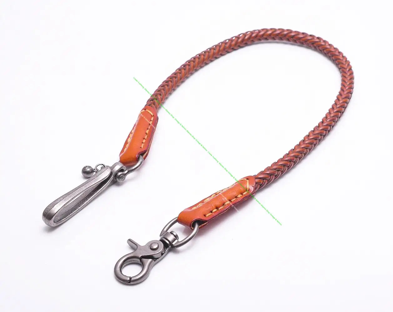 A braided orange leather biker wallet chain with silver-toned metal clasps and a small bell charm for punk jeans accessory.