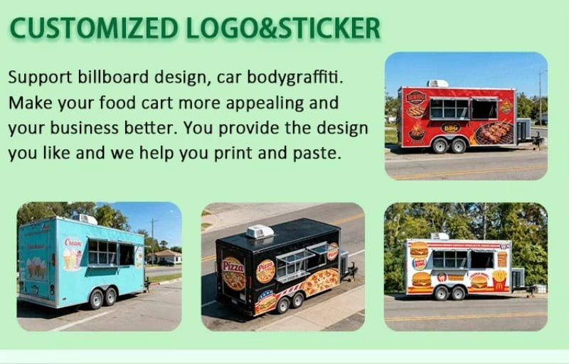 Custom teardrop travel trailer fully equipped camper featuring a vibrant red black and white exterior with bold graphics of burgers and fries on a customized food truck design.