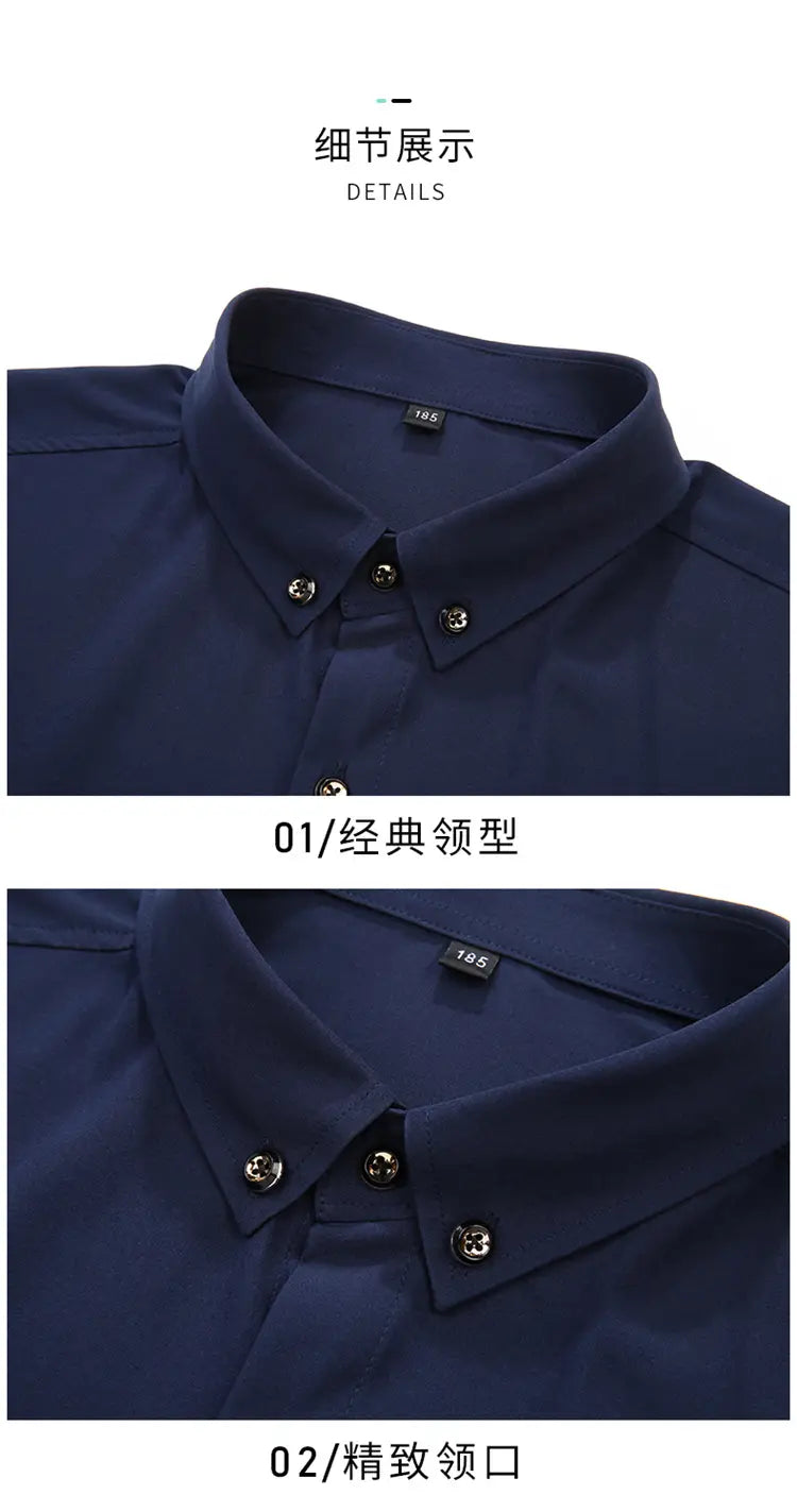Chemise habillée pour hommes, grande taille, bleu marine, manches longues, avec col boutonné sur mesure, boutons ton argent, adaptée à une tenue de travail formelle.