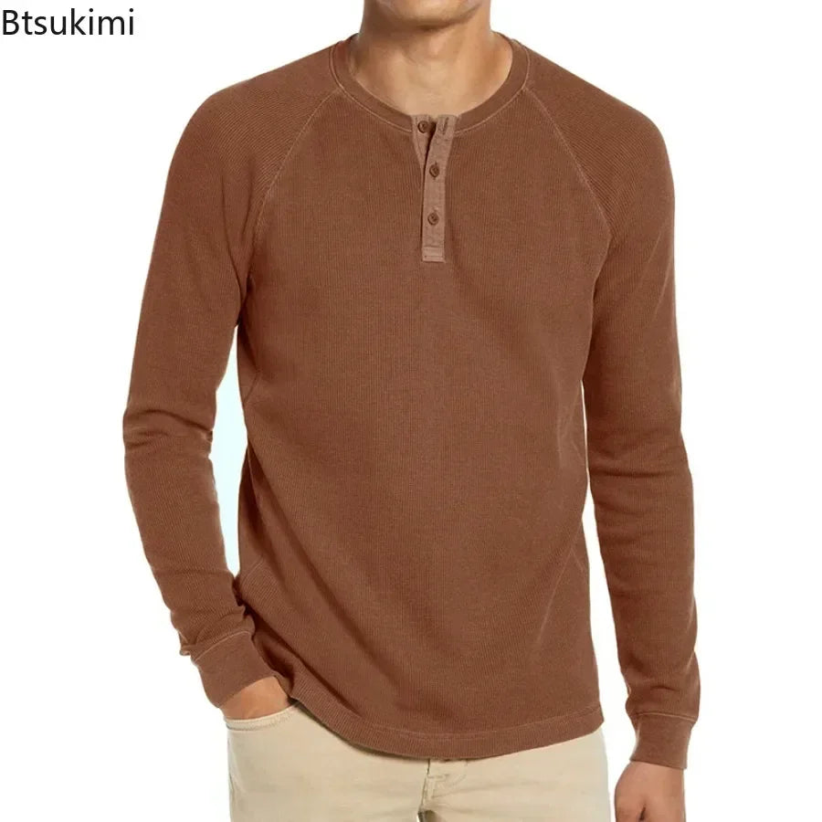 2026 Men's Long Sleeve Waffle T-shirts Fashion O-neck Bottoming Shirts Male Solid Button Casual Tops Soft Versatile Men's Shirts