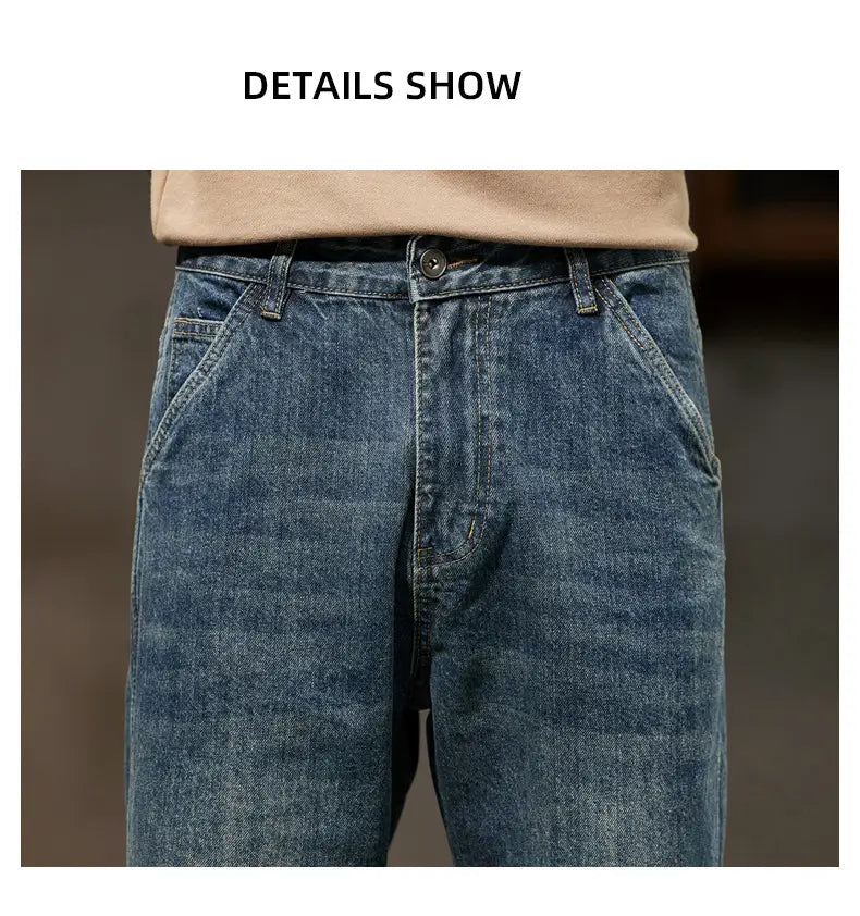 Men loose denim harem jeans in blue with a faded wash and classic five-pocket design made from denim material.