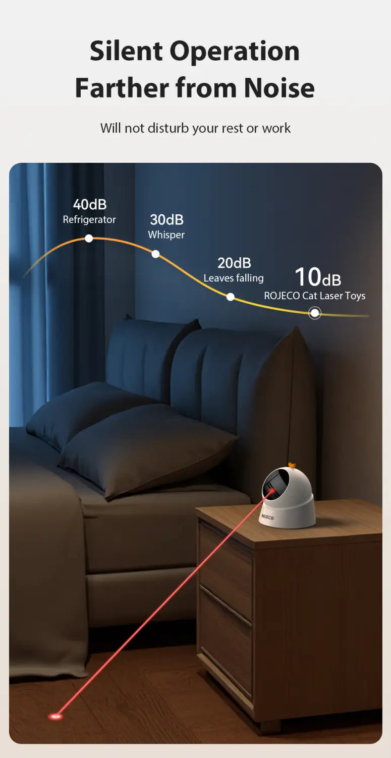 White dome-shaped rojeco interactive laser cat toy with a visible red light beam viewed from the front.