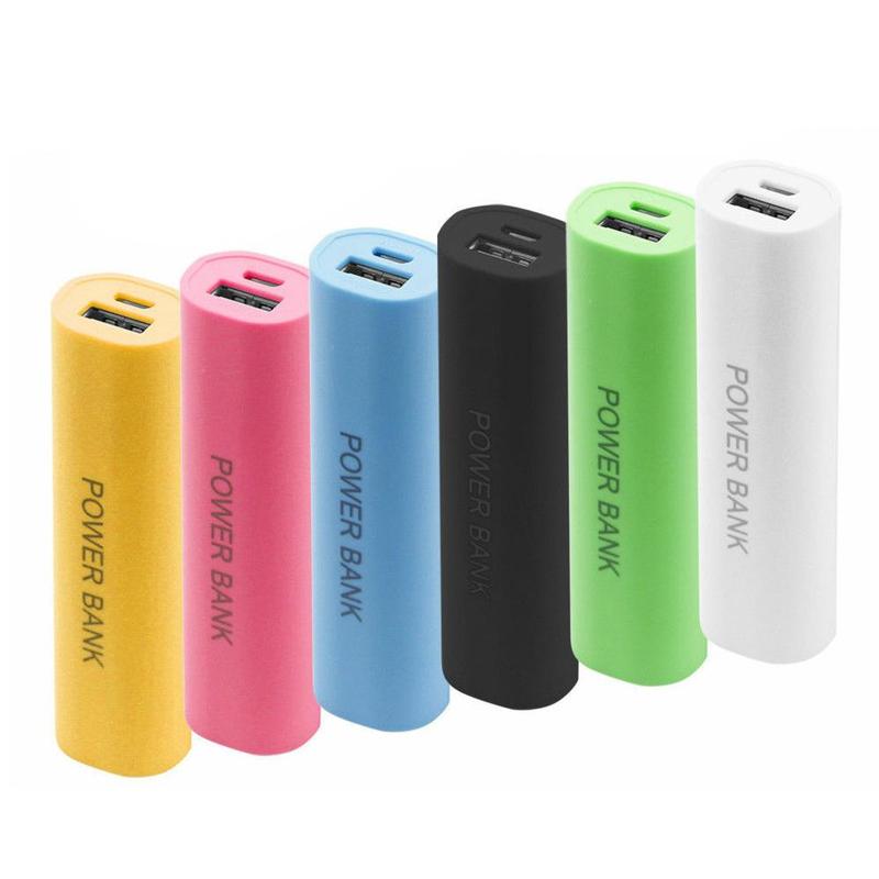 a set of colorful cylindrical portable 18650 power bank cases in yellow, pink, blue, black, green, and white for diy shell charger projects