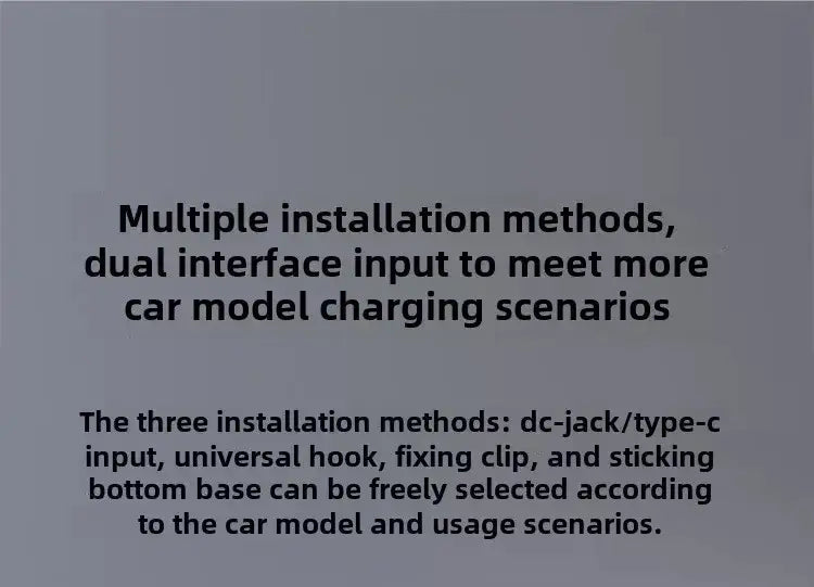 La imagen muestra varios métodos de instalación y opciones de entrada de doble interfaz para el cargador inalámbrico para coche Xiaomi de 50 W con montaje rápido, compatible con distintos modelos de vehículos.