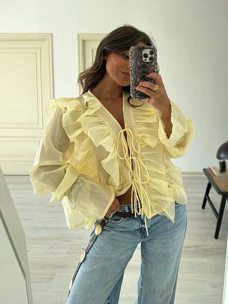 HH Woman's New Fashion Chic Blouses Yellow V-Neck Long Sleeves Bow Lace-Up Decoration Female Summer Casual Slim Shirts