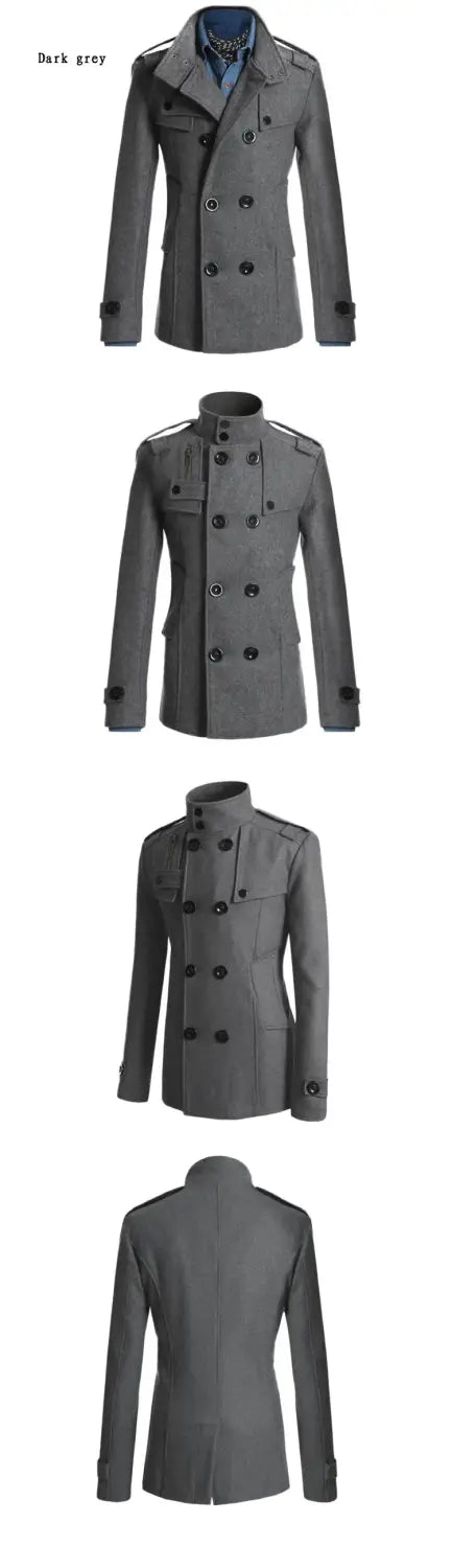 Abrigo de lana para hombre, cruzado doble, azul marino, que muestra un gabán cruzado doble de color gris oscuro con botones negros y hombreras.