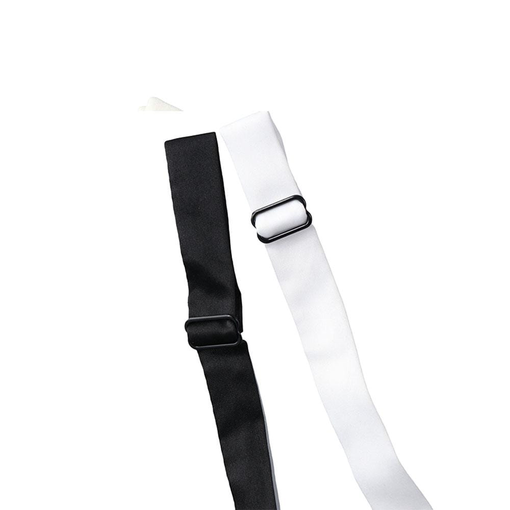 black and white adjustable shoulder straps with matte plastic buckles shown on the back side of velvet bow tie formal neckwear gift
