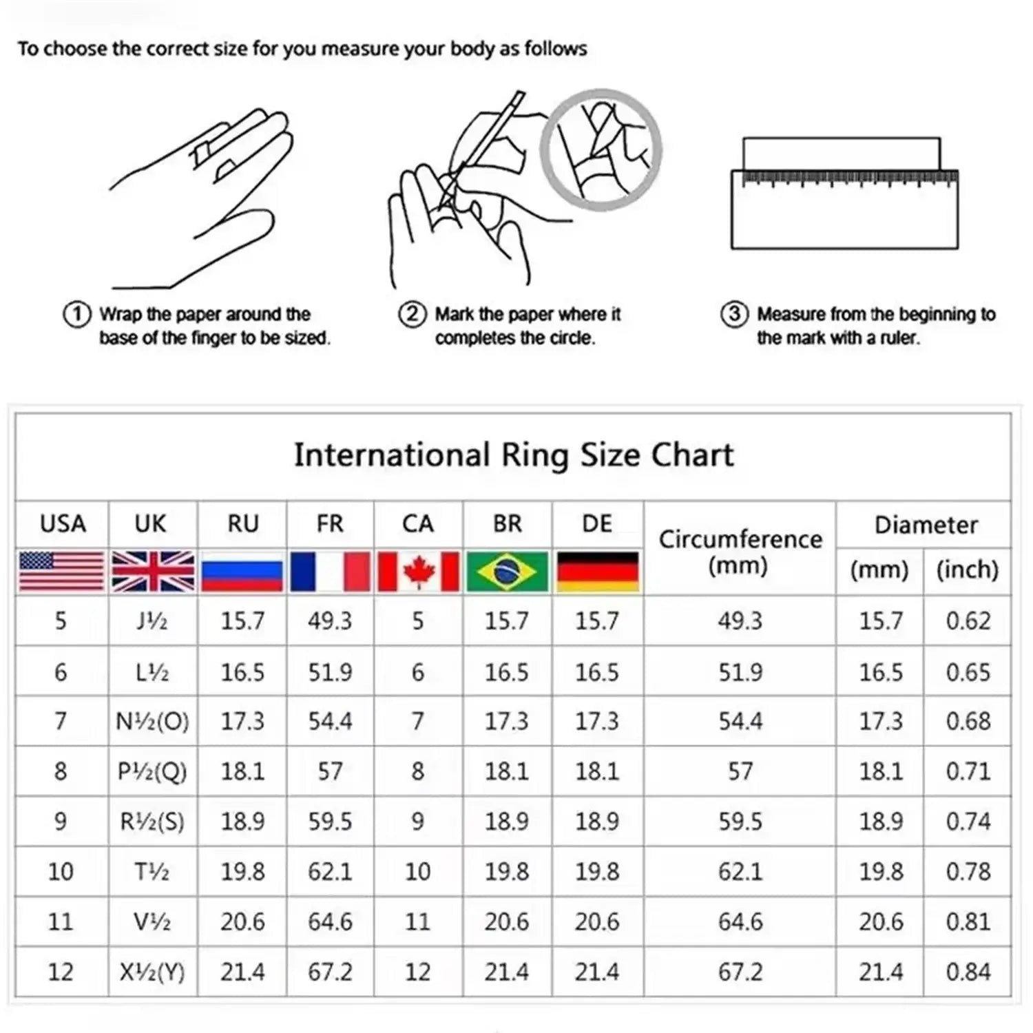 international ring size chart showing measurements in various units and corresponding finger sizing guidelines for a sand gold adjustable matte wide band unisex ring with fade resistant finish.
