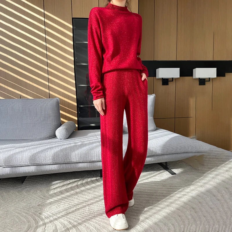 Women Wide-Leg Pants 100% Merino Wool Trousers New Collection High Quality Autumn Winter Soft Thick Female Pants