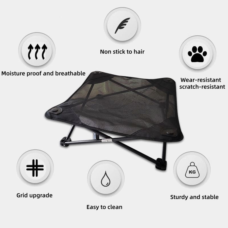 Black mesh elevated folding dog cot pet bed with foldable metal legs for comfortable outdoor or indoor use