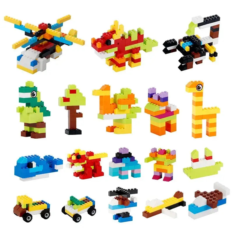 une collection dynamique d’éléments de construction créatifs en plastique colorés, de type DIY, disposés en grille, présentant divers modèles d’animaux et de véhicules, issus de l’ensemble en gros d’éléments de construction créatifs pour enfants