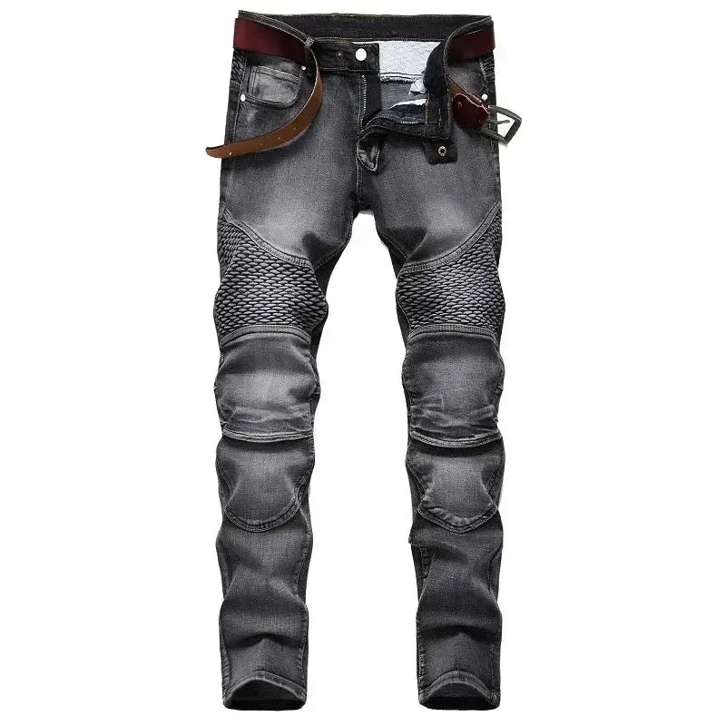 Jeans de moto pour hommes, coupe slim délavée, en denim gris foncé, avec des panneaux en mesh renforcé sur les cuisses et les genoux.