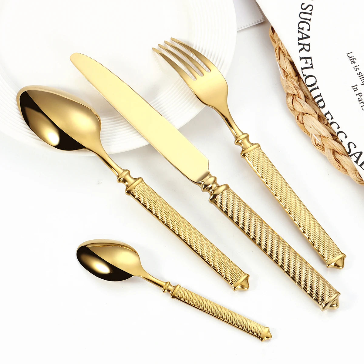 4/6/12/16/20Pcs Sliver Tableware Stainless Steel Cutlery Mirror Double Sided Pattern Handle Fork Mirror Western Gold Dinner Set