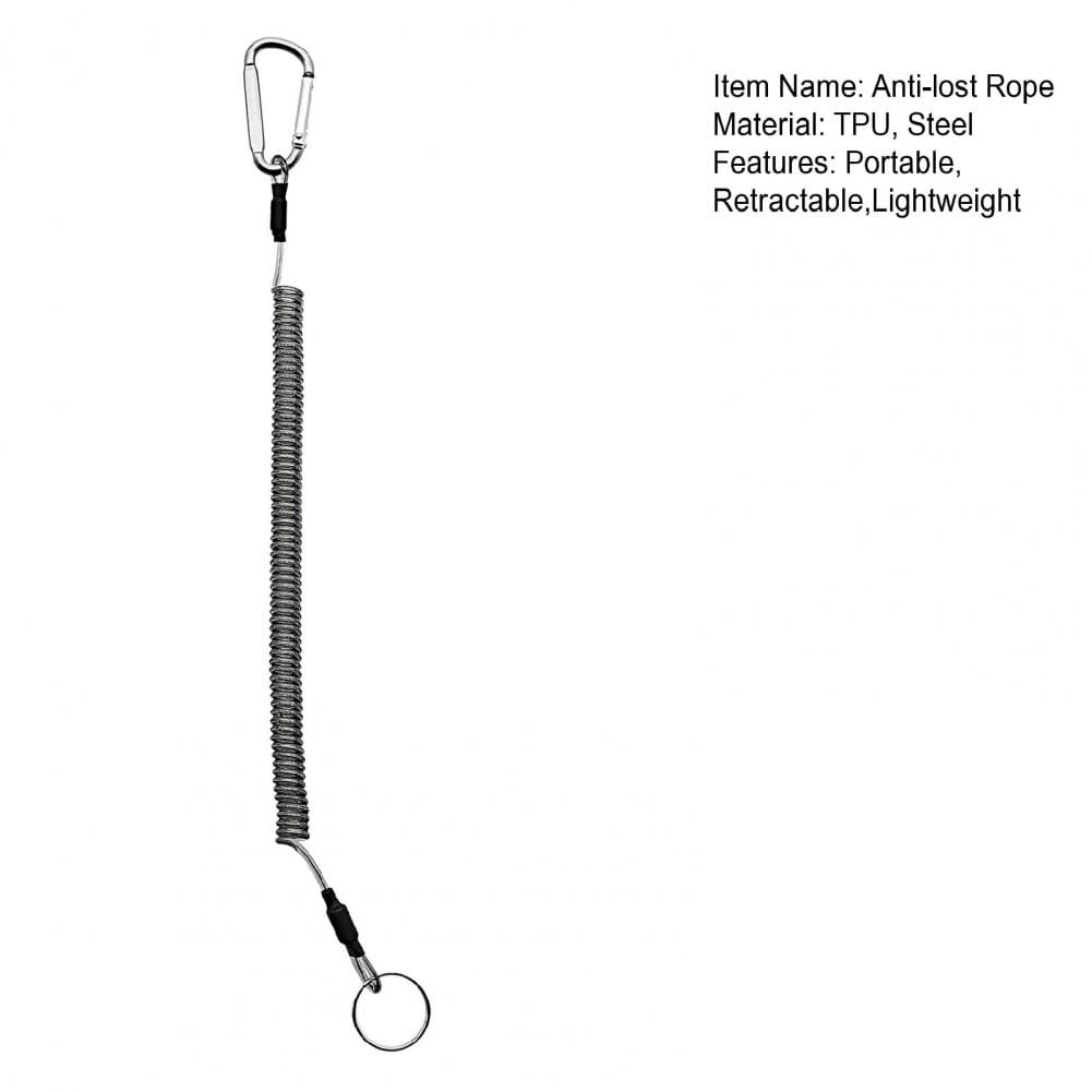 Silver retractable coiled spring anti-lost lanyard keychain made of tpu and steel with carabiner clip and key ring.