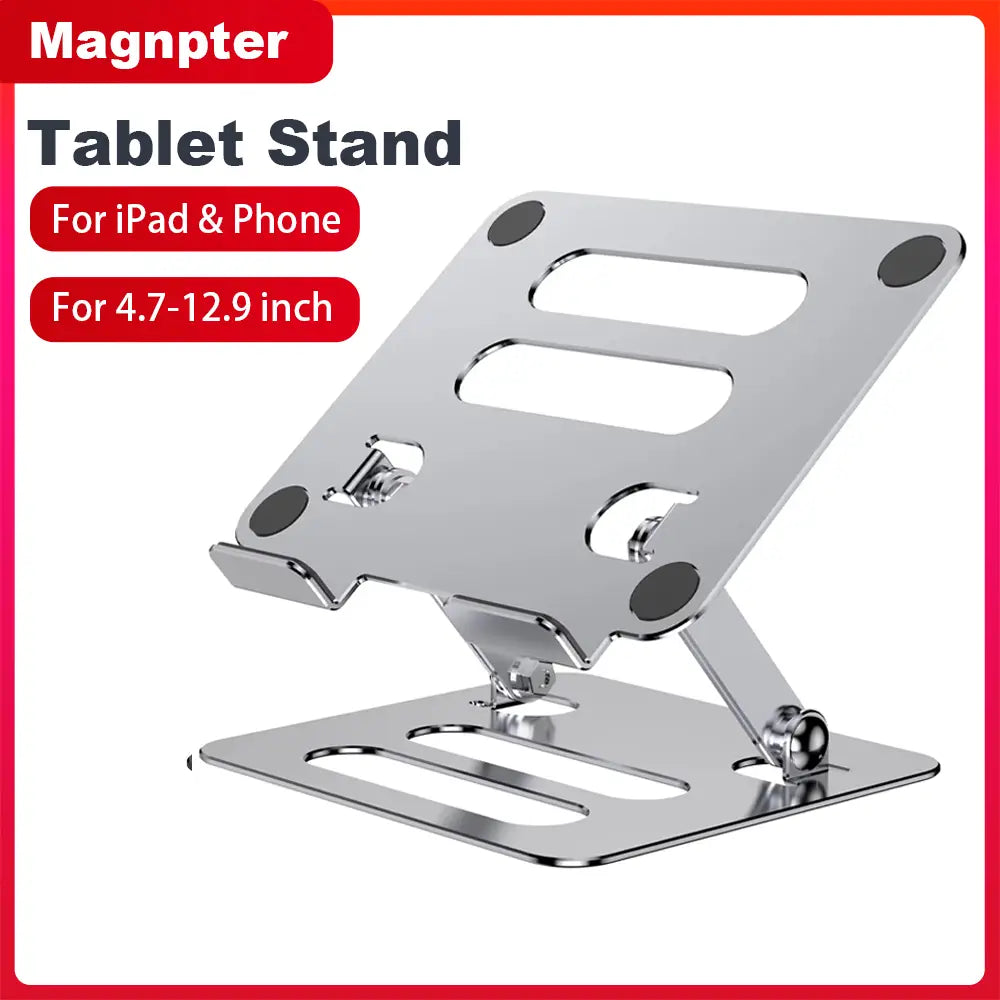 Verstellbarer Aluminium-Tablet- und Telefonständer von Magnpeter mit elegantem silbernem Metall-Design, verstellbarer Höhe und magnetischer Basis für iPad und Telefon.