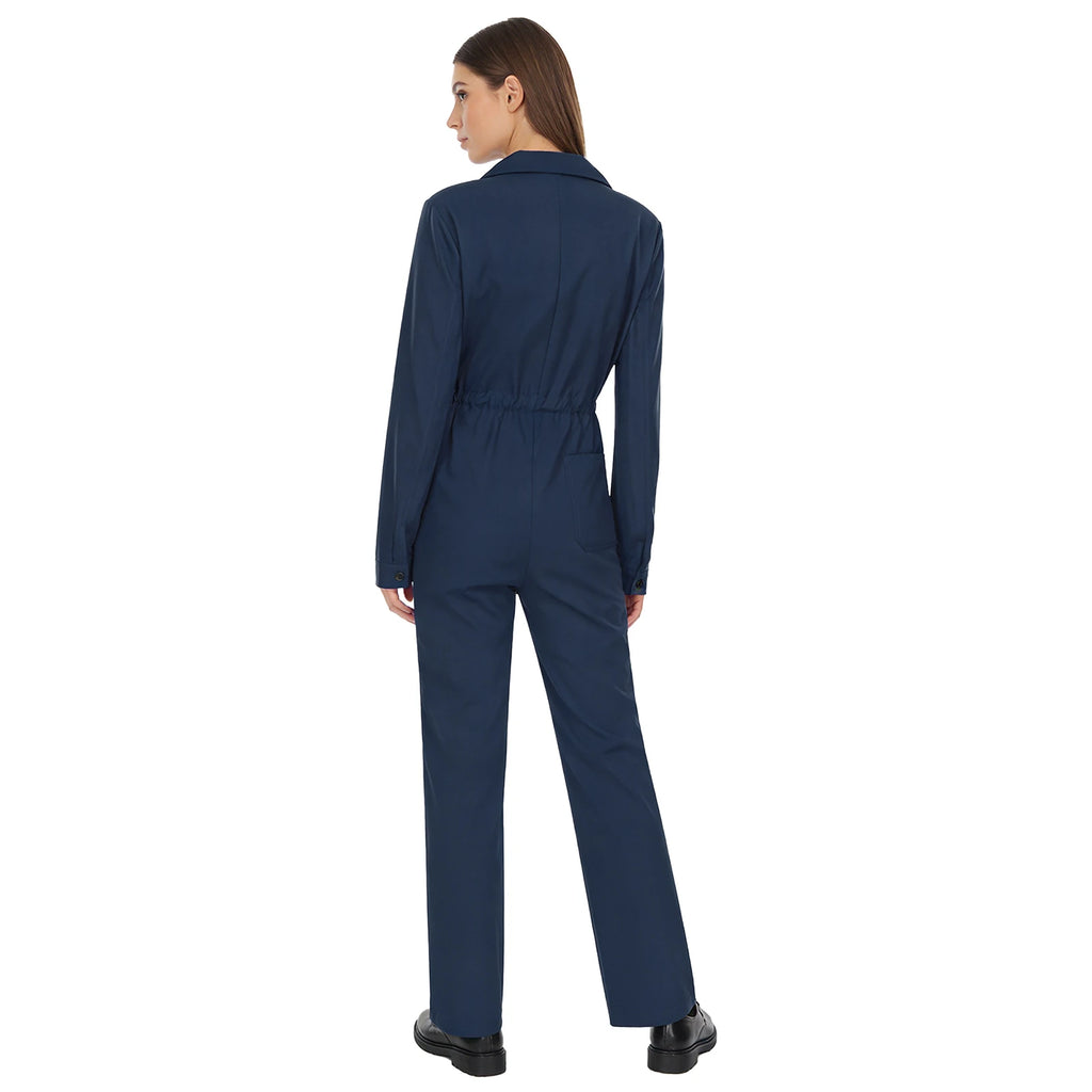 Womens Casual Jumpsuit Coverall Solid Color Long Sleeve Turn-Down Collar Button Flap Romper Fashion Work Travel Holiday Homewear
