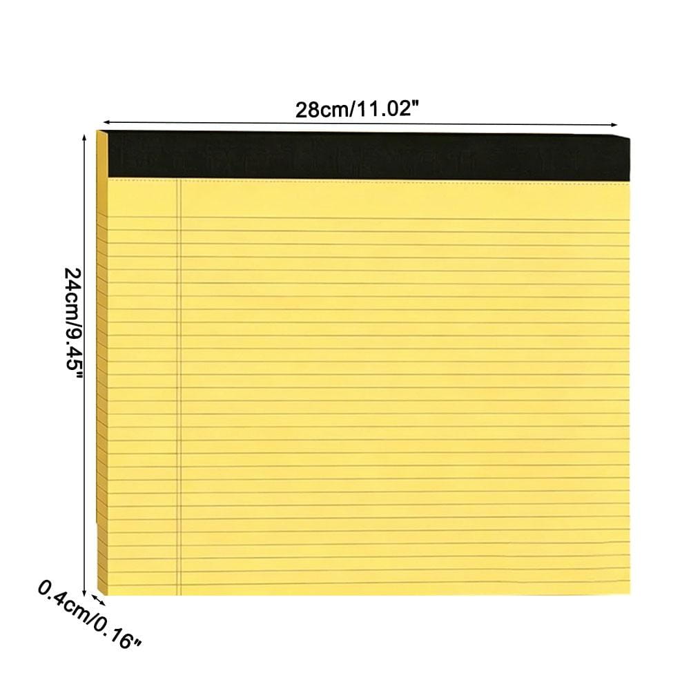 a5 lined colorful notepad featuring yellow lined pages with a black adhesive strip at the top for efficient note taking