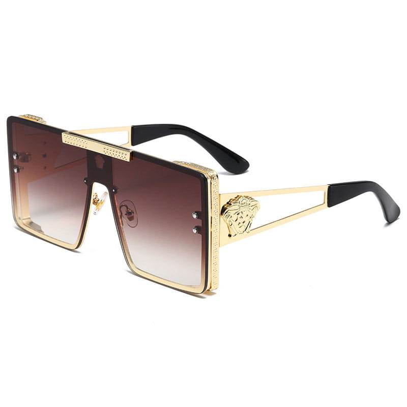 Polarized oversized metal square sunglasses for adults featuring gold frames, gradient brown lenses, and a Medusa head emblem on the temple.