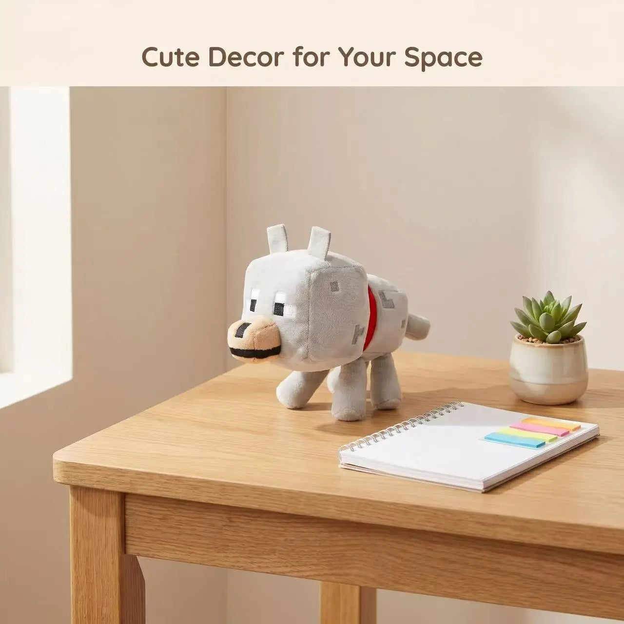 A soft gray minecraft-style wolf plush toy with black and tan facial features and a red collar measuring 20cm.