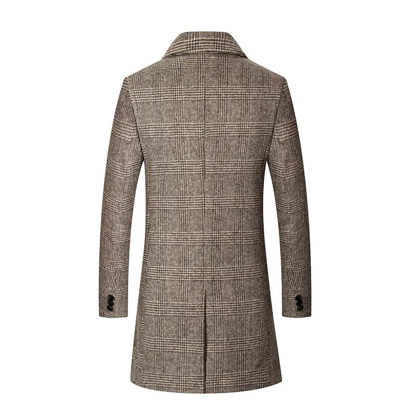 Men’s wool plaid overcoat in classic brown and beige with a notched collar and buttoned cuffs designed as a slim fit winter jacket.