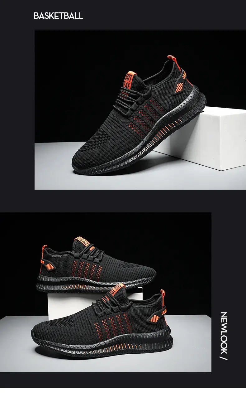 Herren-Atmungsaktive legere Strick-Sneaker in Schwarz mit orangefarbenen Akzenten; mit strukturierter Gummisohle, ausgelegt für Basketball und den Freizeitgebrauch.