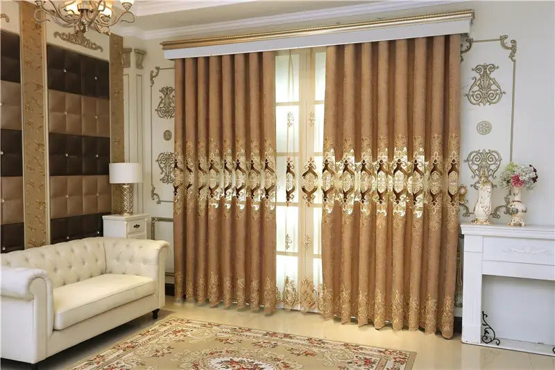 gold-toned embroidered living room curtains with intricate patterns and a sheer inner layer designed for french window use.