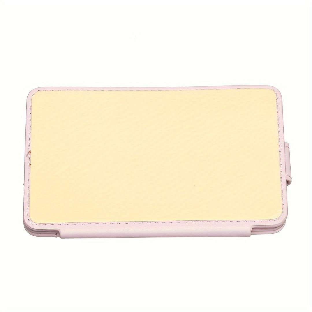 Pastel pink universal ring small card holder with a smooth pale yellow interior and neatly stitched edges shown from the front.