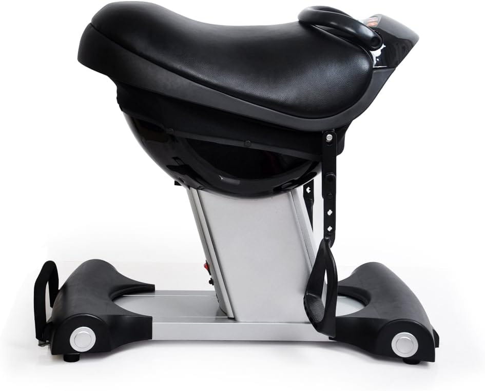Black leather saddle mounted on a silver metal exercise bike frame with black footrests and handlebars for horse riding exercise machine fitness equipment.