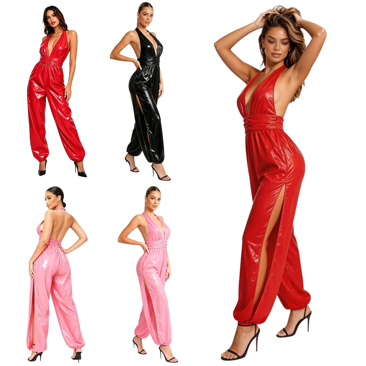 Womens Water Resistant Jumpsuit Halter Backless Ruched Waist Back Side Split Bodysuit Romper for Club Pole Dance Carnival Party