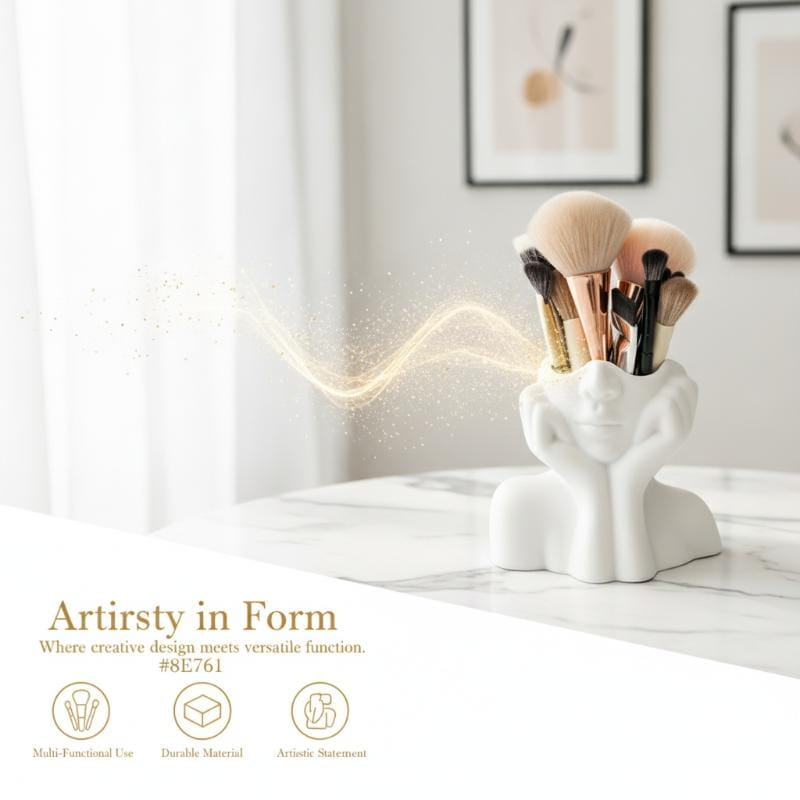 White ceramic abstract face makeup brush holder shaped like a seated figure with cupped hands for holding makeup brushes and also functions as a vase.