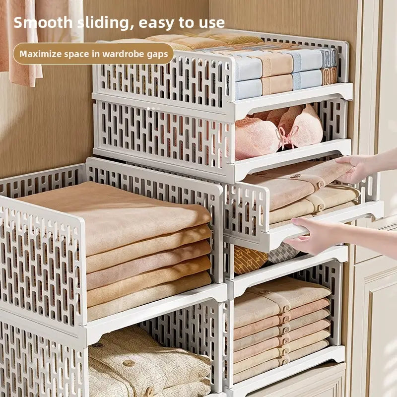 bacs de tiroirs d’armoire empilables en plastique blanc, avec un motif en forme de grille et des côtés coulissants lisses pour un rangement pliable et une organisation.