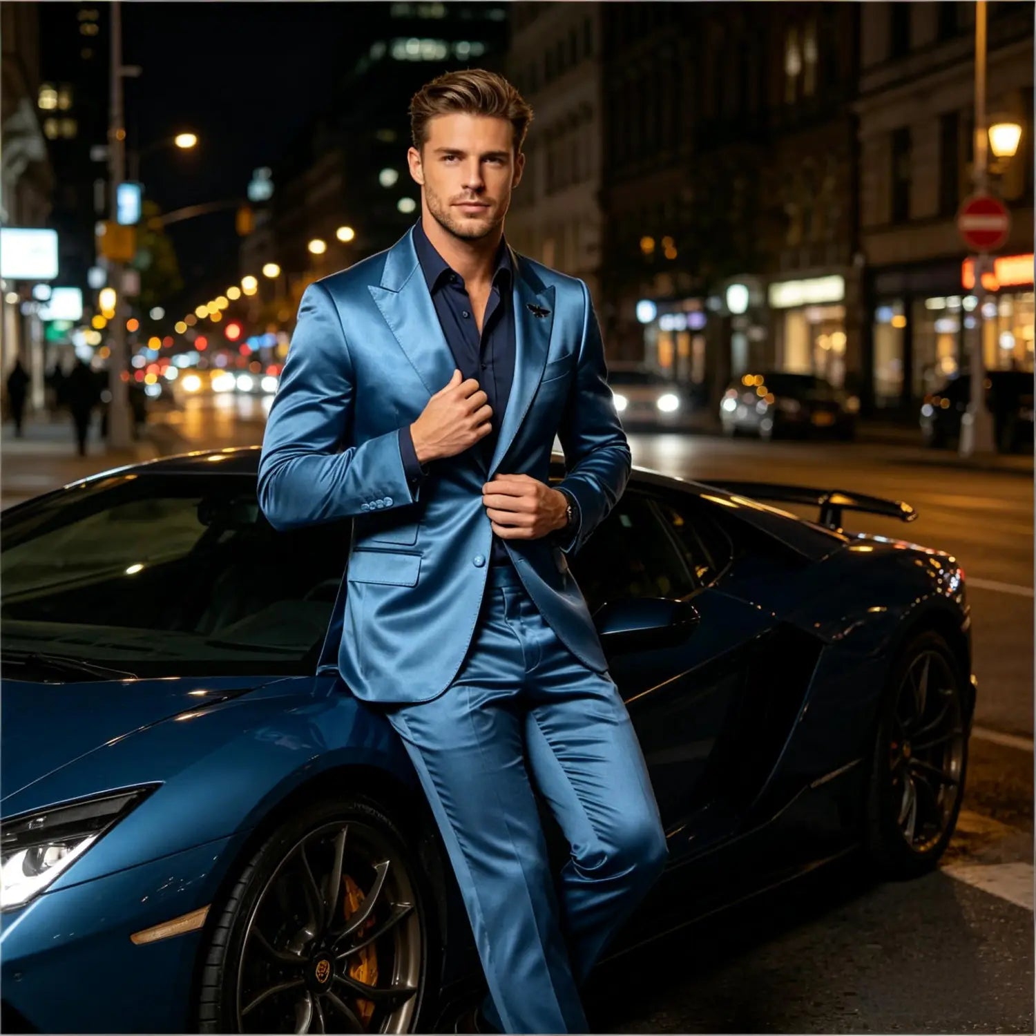 Ein Mann steht selbstbewusst neben einem dunkelblauen Lamborghini und trägt einen Herren-Satin-Tuxedoanzug Slim Fit blau, zweiteilig, aus elegantem Satin gefertigt.