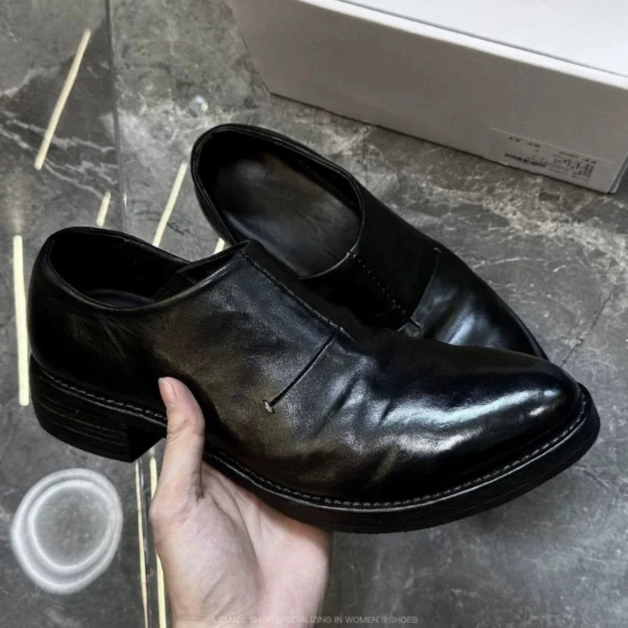 Black Leather Vintage Men's Dress Shoes Washed Effect Upturned Round Toe Slip On Loafers Casual Business Formal Low Heel Shoes