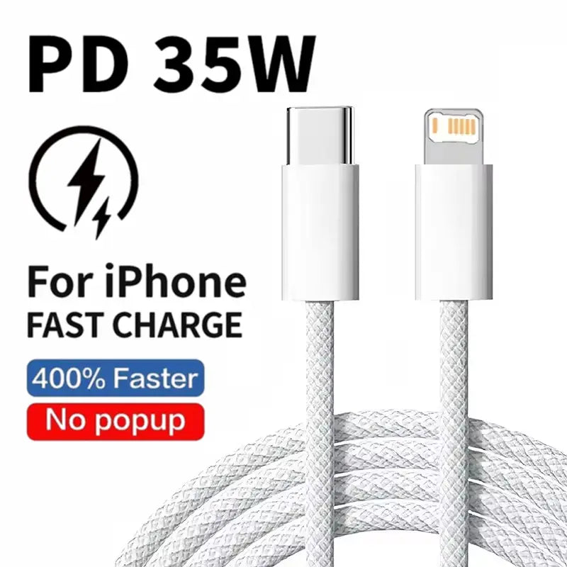 35Wのパワーデリバリーに対応し、iPhoneの高速充電に設計された白い編み込みUSB-C to Lightning充電ケーブル。