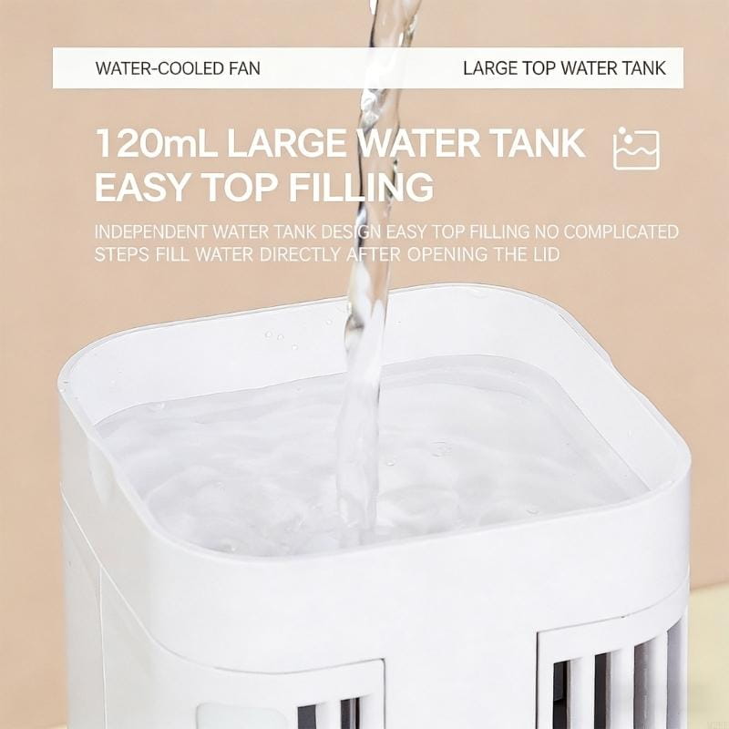 White plastic smart home portable humidifier with a large 120ml top-filling water tank and usb c charging connection featuring a water-cooled fan.