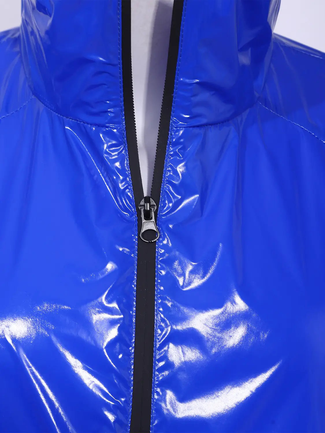 Men waterproof hooded windbreaker jacket in vibrant blue glossy nylon with a black zipper and silver toned pull tab.