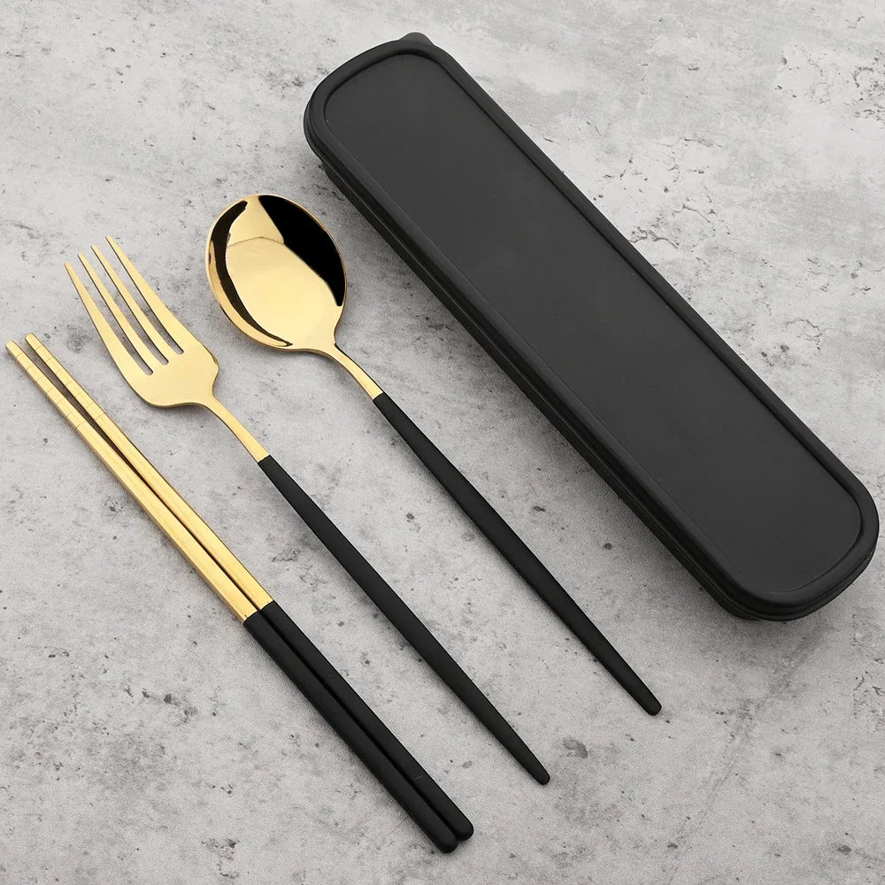 4pcs Black Silver Portable Cutlery Set Stainless Steel Cutlery Set With Storage Box For Home Kitchen Dining Household Tableware
