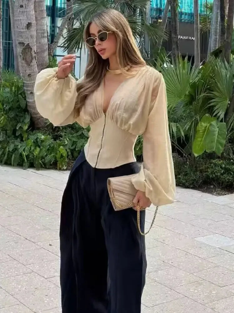 Women's Shirt New 2026 Summer Casual V Neck Long Sleeve Women Corset-Style Combined Blouses & Shirts Chic Female Tops