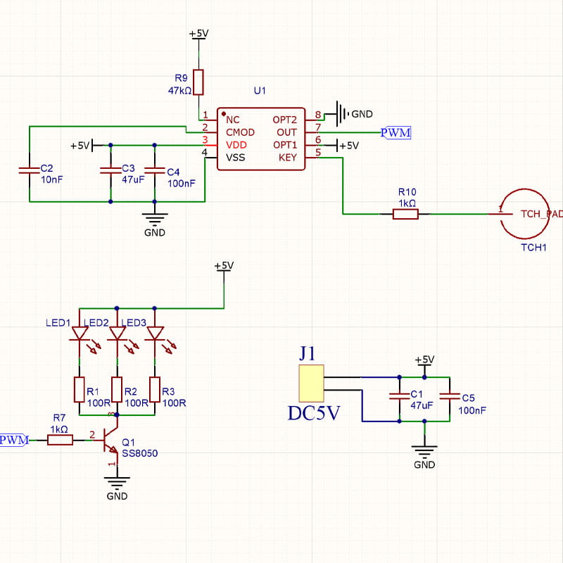 diagrama esquemático de un kit de soldadura DIY de LED regulables mediante contacto que incluye indicadores LED de un aislador óptico u1 y componentes de la fuente de alimentación.